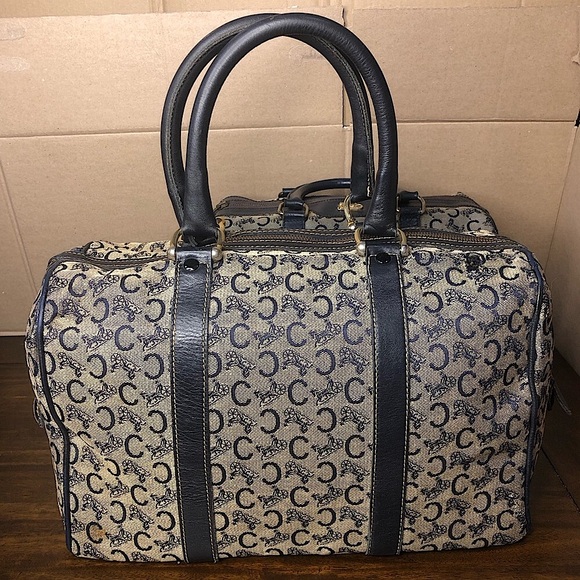 MCELINE Navy Blue and Grey Monogram Boston Carry On Overnight Travel Bag 35cm - Picture 3 of 17